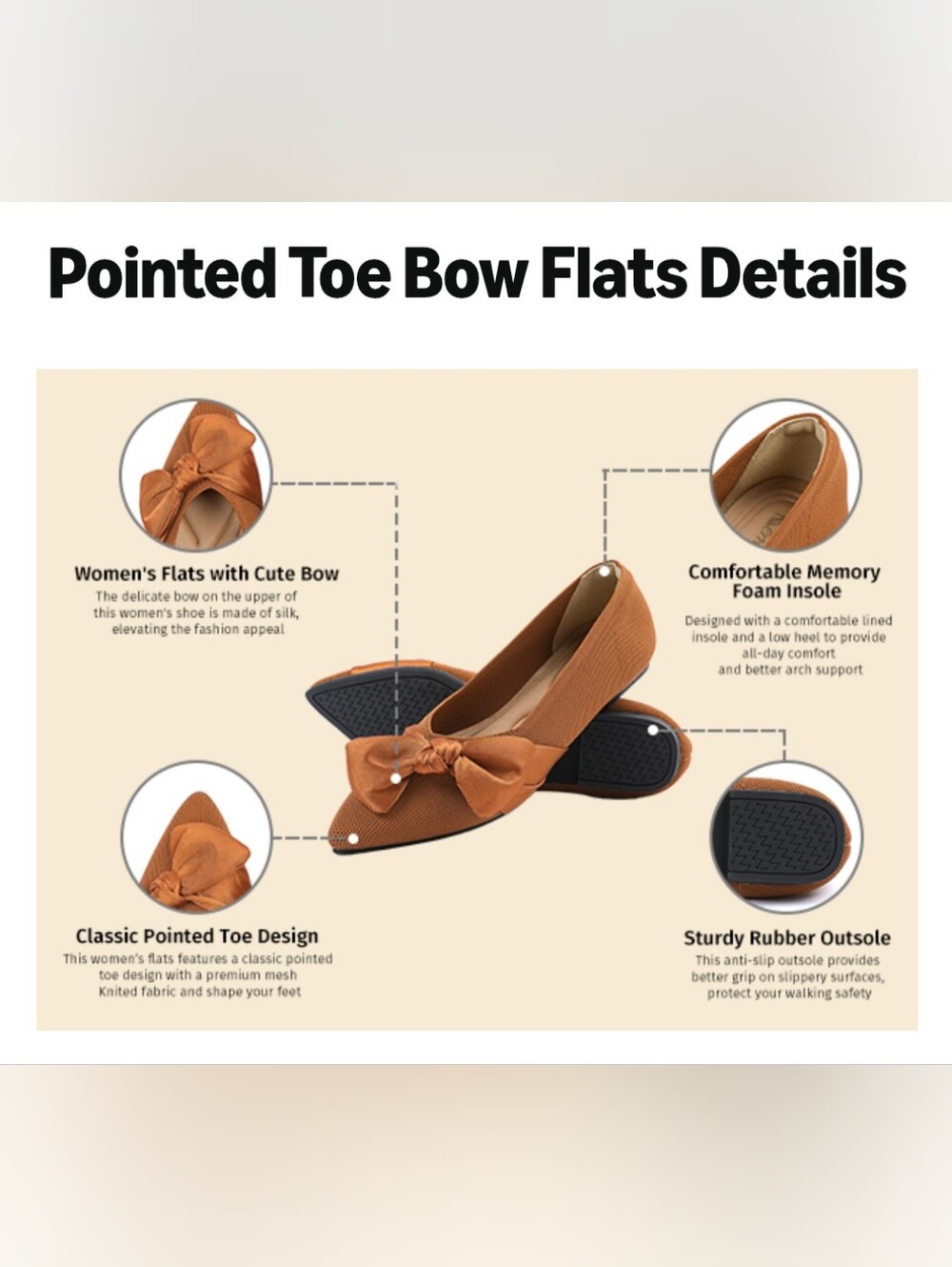 Women's Pointed Toe Bow Ballet Flats - Burnt Orange - Picture 2 of 6